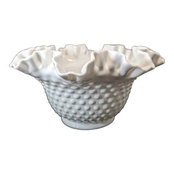 Vintage Fenton 80s White Milk Glass Hobnail Ruffled Crimped Edge Vase Bowl 8.75” - Picture 4 of 8